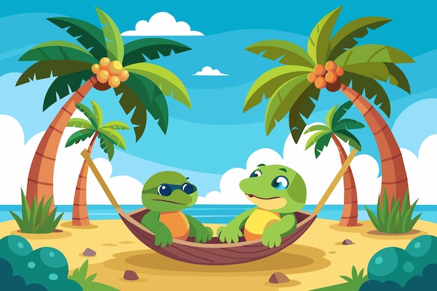 Two turtles sharing a hammock between palm trees