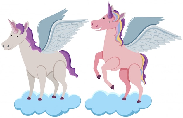 Two unicorns on blue clouds