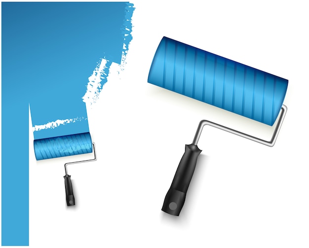 Vettore due illustrazione vettoriale con rullo di vernice grandi e piccoli e contrassegno dipinto di colore blu isolato su bianco