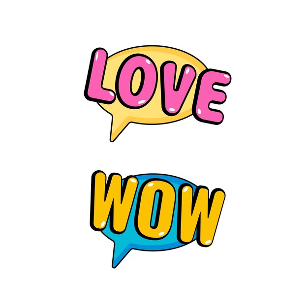 두 개의 터 스티커 Love와 WOW 텍스트가 있는 대화 상자