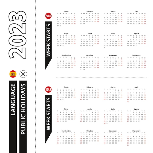 Two versions of 2023 calendar in spanish week starts from monday and week starts from sunday