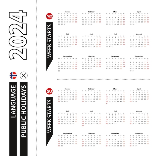 Two versions of 2024 calendar in Norwegian week starts from Monday and week starts from Sunday