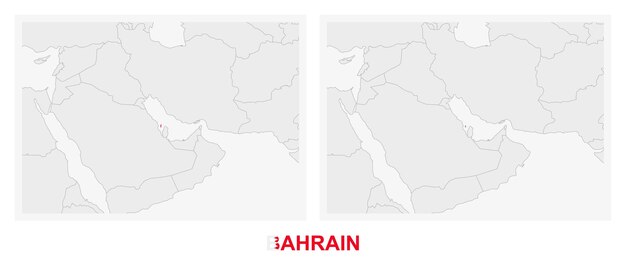 Two versions of the map of Bahrain with the flag of Bahrain and highlighted in dark grey
