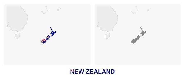 Vector two versions of the map of new zealand with the flag of new zealand and highlighted in dark grey