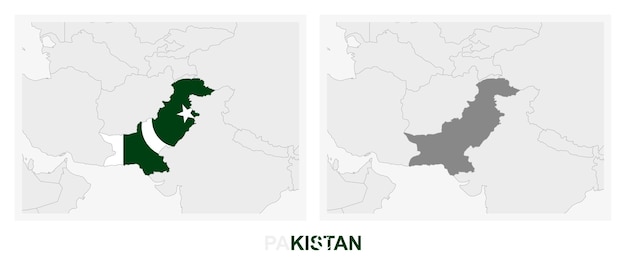 Vector two versions of the map of pakistan with the flag of pakistan and highlighted in dark grey