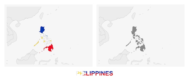 Vector two versions of the map of philippines with the flag of philippines and highlighted in dark grey