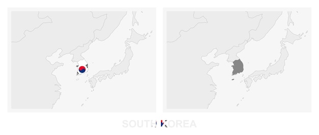 韓国の国旗が暗い灰色で強調された韓国の地図の2つのバージョン