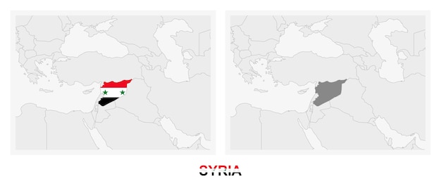 Two versions of the map of Syria with the flag of Syria and highlighted in dark grey