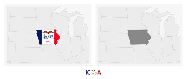 Vector two versions of the map of us state iowa with the flag of iowa and highlighted in dark grey