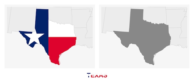 Vector two versions of the map of us state texas with the flag of texas and highlighted in dark grey