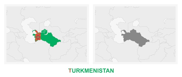 ベクトル トルクメニスタンの国旗が暗い灰色で強調されたトルクメニスタン地図の2つのバージョン