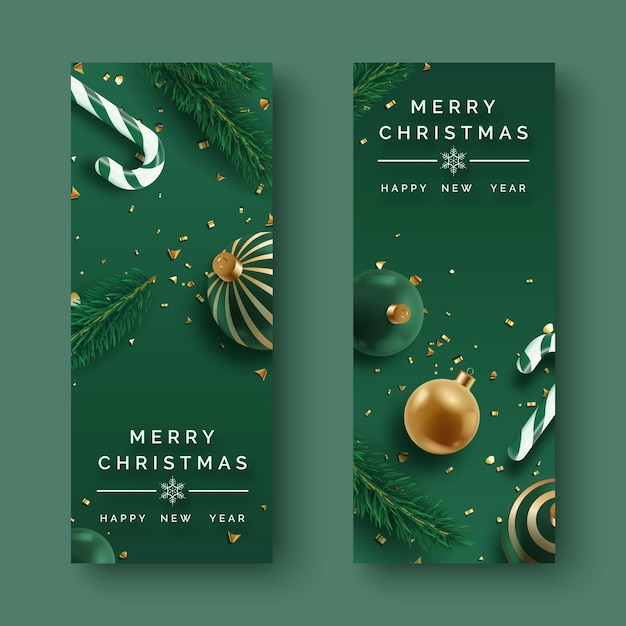 Two vertical christmas banners with realistic decor christmas balls candies fir brunch and confetti