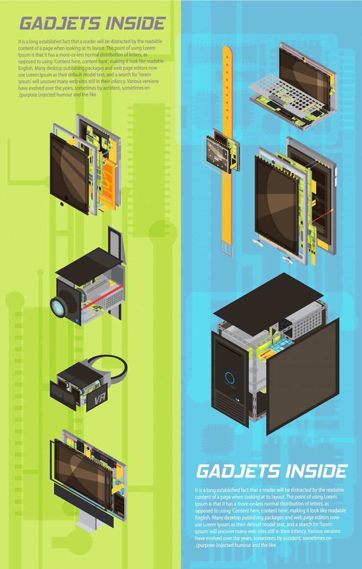 Vector two vertical isolated and colored gadgets scheme banner set with gadgets inside headlines vector illustration