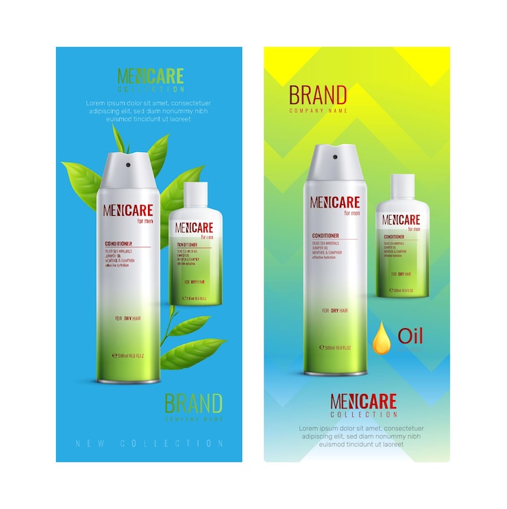 Vector two vertical mens cosmetics bottles realistic banner set
