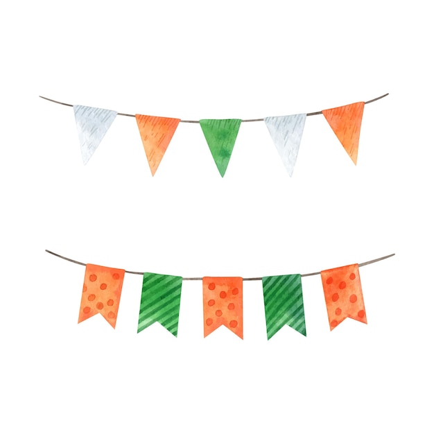 Two vintage flag garlands isolated on white background Happy Saint Patricks Day decoration