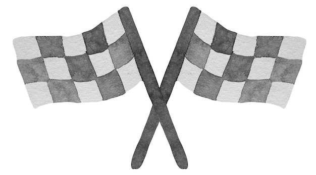 Vector two watercolor racing checkered flags with crossed sticks symbol of competition riding finish line