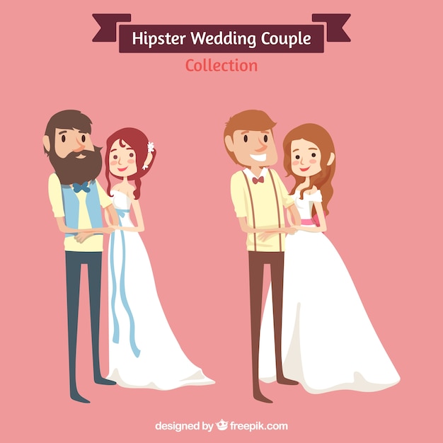 Two wedding couples, hipster style