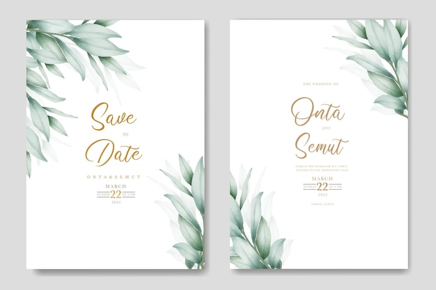 Two wedding invitation cards with a tropical leaves and a gold frame