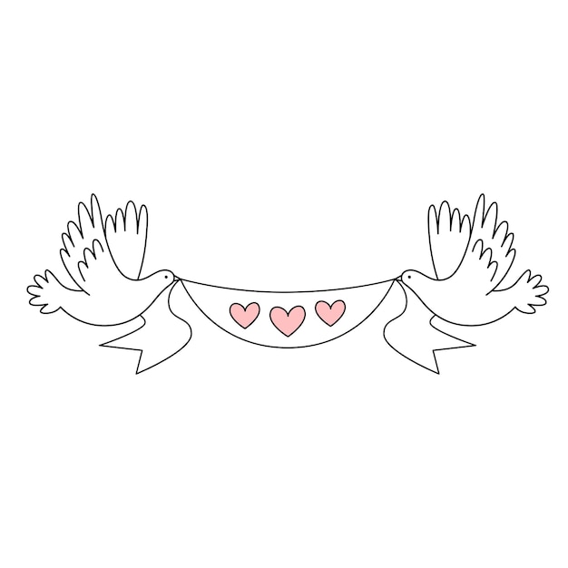 2つの結婚式の白い鳩がハートのリボンを持っています 結婚式の装飾 ベクトルイラスト プレミアムベクター