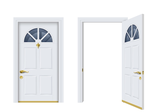 Две белые классические двери открываются и закрываются.