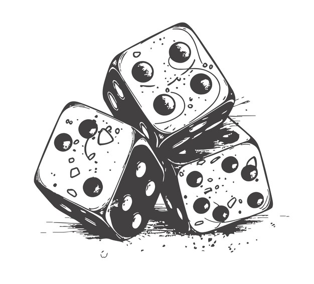 Two white dice in black and white A handdrawn sketch highlighted on a white background Vector illustration