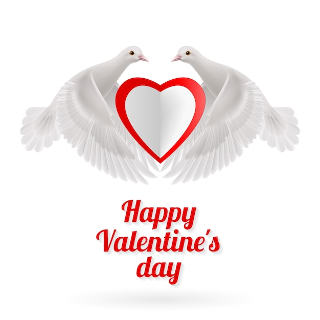 Two white doves holds white-red heart in wings on white background