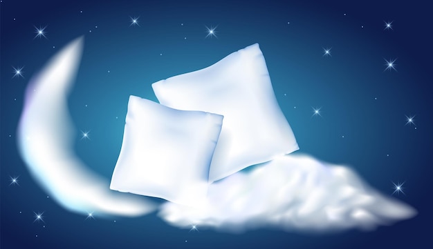 Two white feather pillow for sleeping against the starry night sky moon and cloud