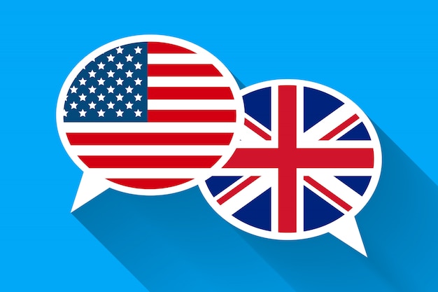 Vector two white speech bubbles with american and great britain flags.