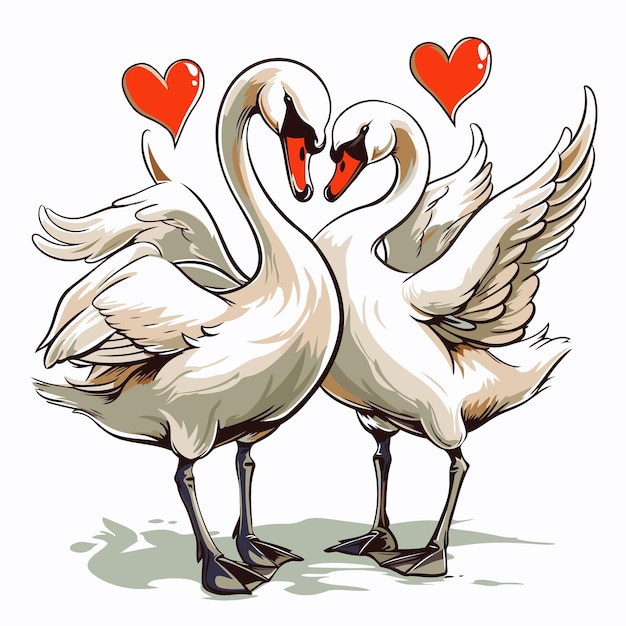 Вектор Два влюбленных белых лебедя с сердцами векторная иллюстрация изолирована на белом фоне