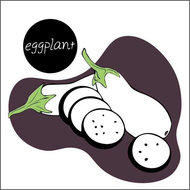 Two whole eggplants and slices of round vegetables are sliced in a doodle style