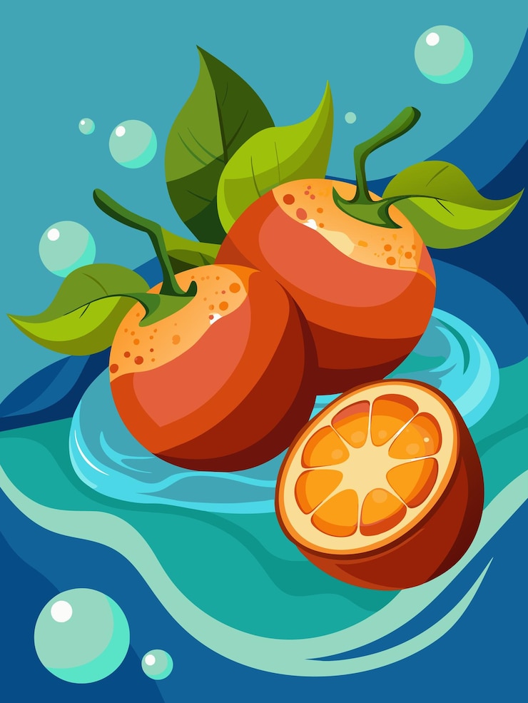 Vector two whole oranges and one sliced orange with green leaves
