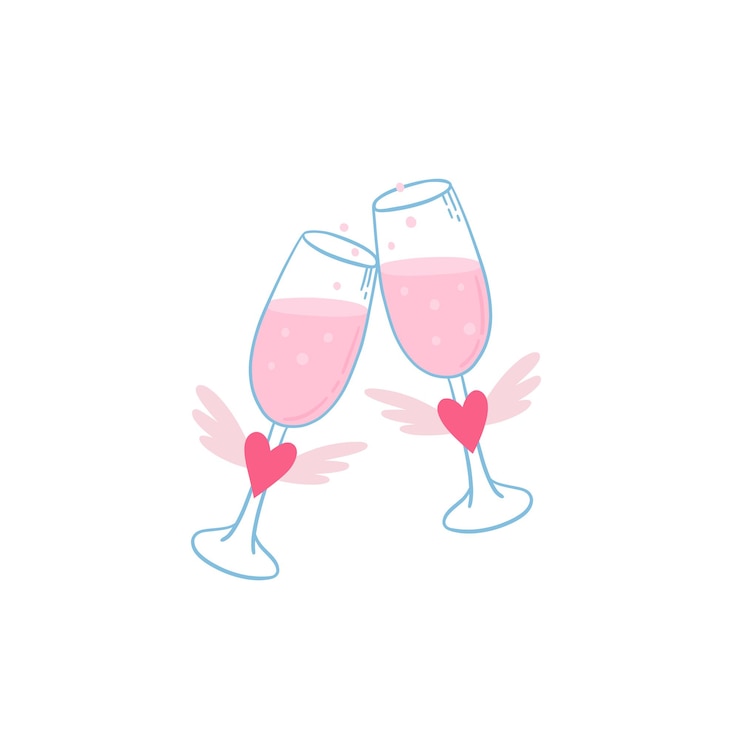 Vector two wineglasses with a sparkling wine and valentine decorations.  valentines day concept art