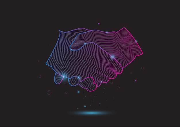 Two wireframe glowing handslines and shapes in the form of technology handshake business