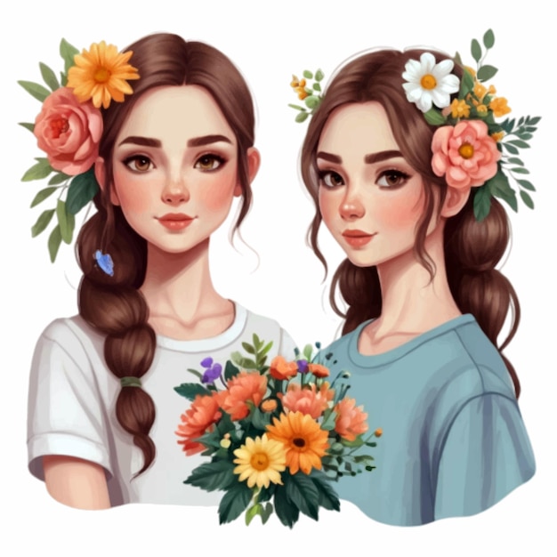 two woman adorned with natural flowers aesthetic vector artwork isolated on white background