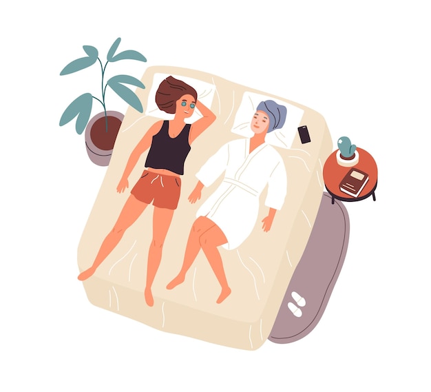 Two woman best friends lying on bed with mask on face and talking vector flat illustration. Happy female relaxing after spa or care procedure top view isolated. People spending time together at home.