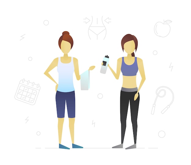 Two women after sports training flat character design. Fitness. Sportswomen. Vector isolated illustration