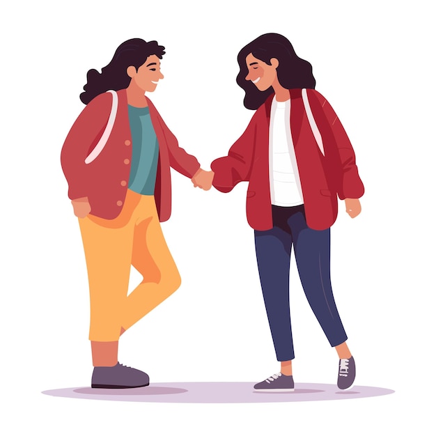 Two women are holding hands and one has a red jacket on.