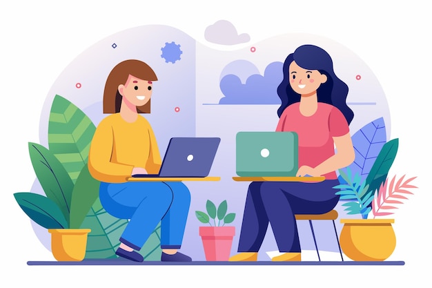 Vector two women are sitting at a table focused on their laptops engaged in work or study two women working on a laptop simple and minimalist flat vector illustration