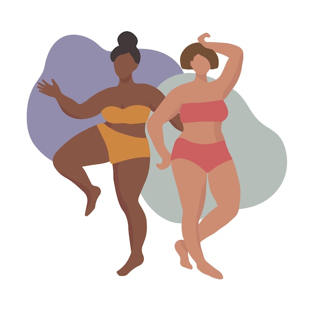 Two women in bathing suits or underwear different skin tones and hair colors