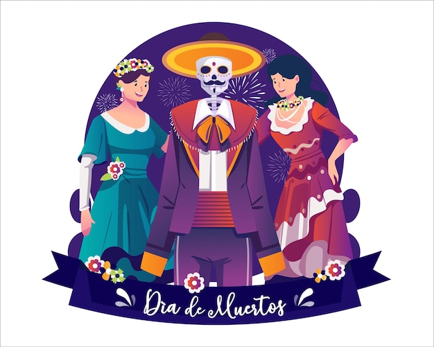 Two Women Calavera and Mariachi skeleton with sombrero celebrate Dia de Los Muertos illustration