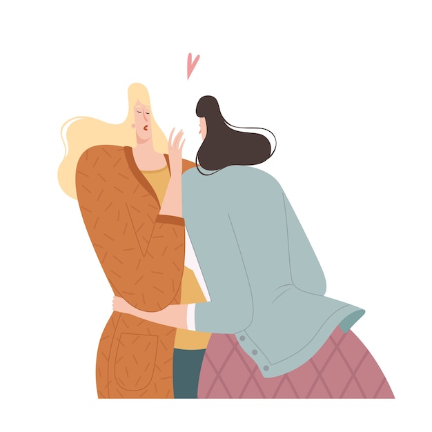 Two women cuddle and kiss in flat design