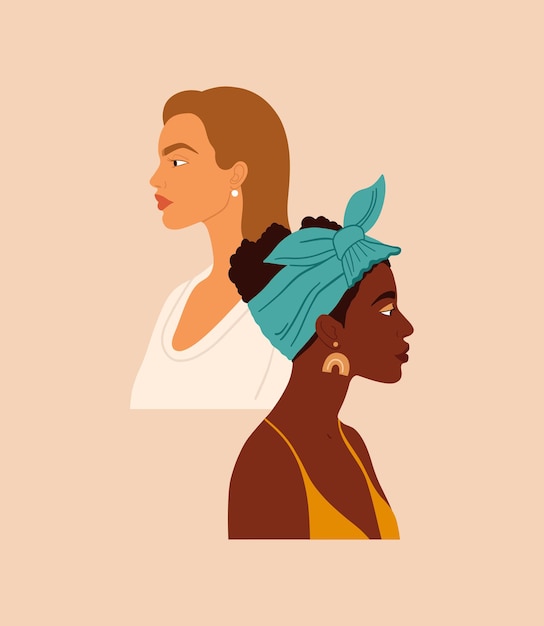서로 다른 국적과 문화를 가진 두 여성이 함께 서 있습니다. 여자의 초상화입니다. 페미니즘, 여성의 권한 부여 운동 및 자매결연 컨셉 디자인.