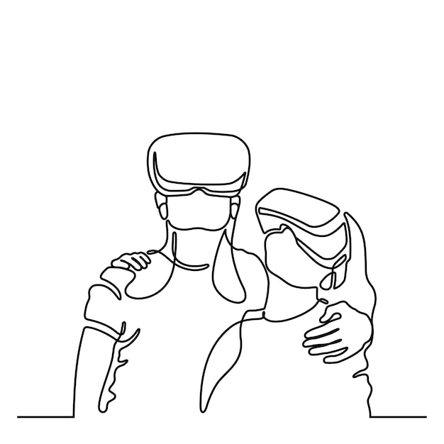 Вектор Две женщины, обнимающиеся в очках виртуальной реальности, устройство концепции метаверса непрерывная линия рука
