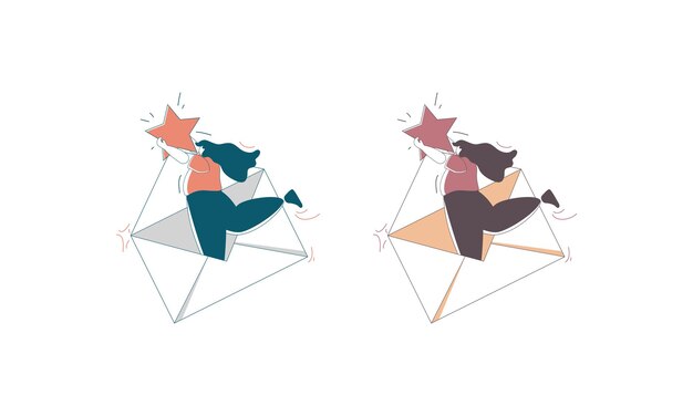 two women flying through the air each holding a star and sitting in an envelope