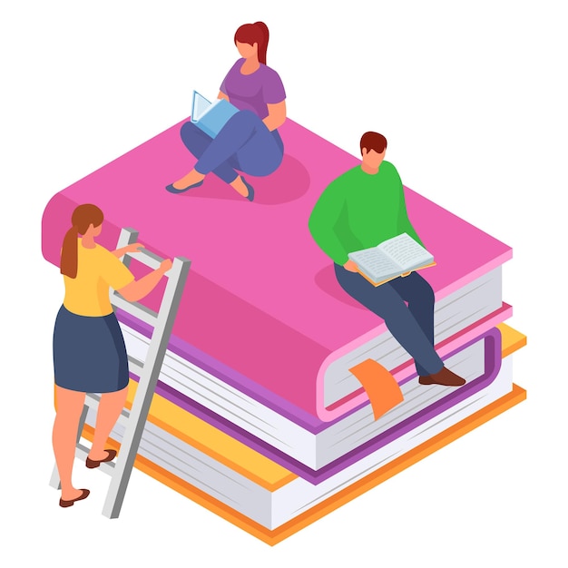 Vector two women and a man reading books on giant stack of books students studying together on big books