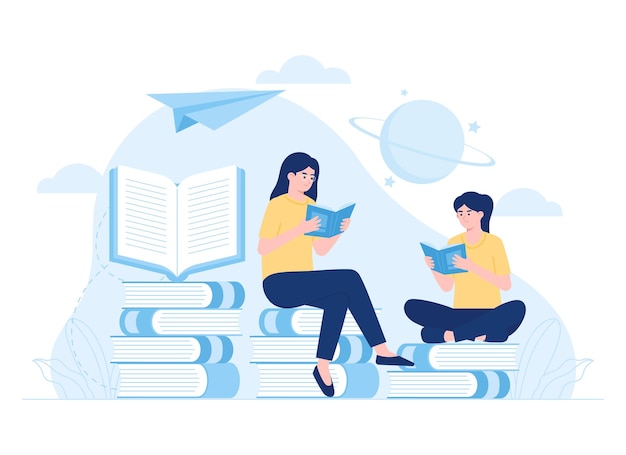 two women reading books studying science trending concept flat illustration