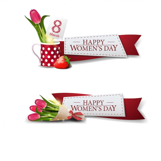 Two women's day template with red ribbons