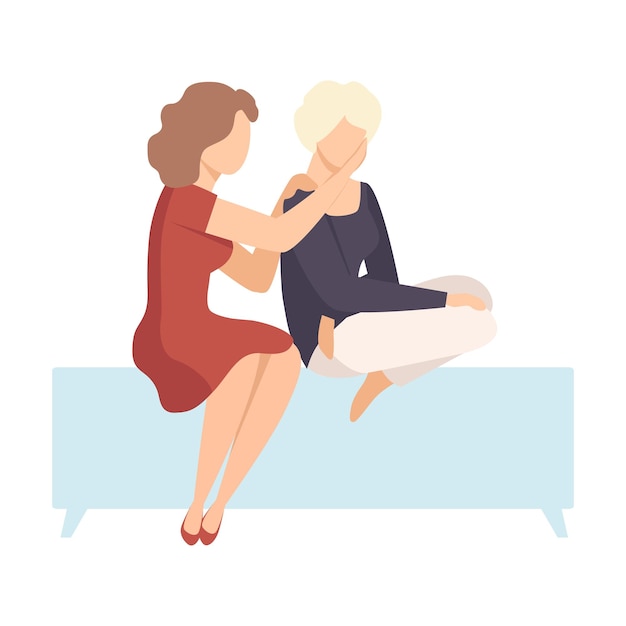 Two Women Sitting On Bench Beside Each Other and One Encouraging Another By Putting Arm on Shoulder Vector Illustration