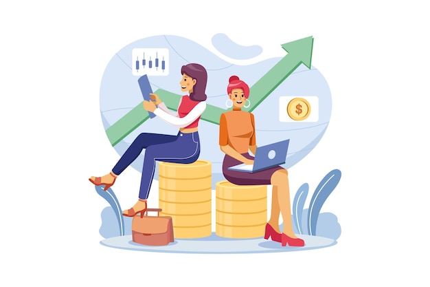 Vector two women sitting on a stack of coins with a graph going up