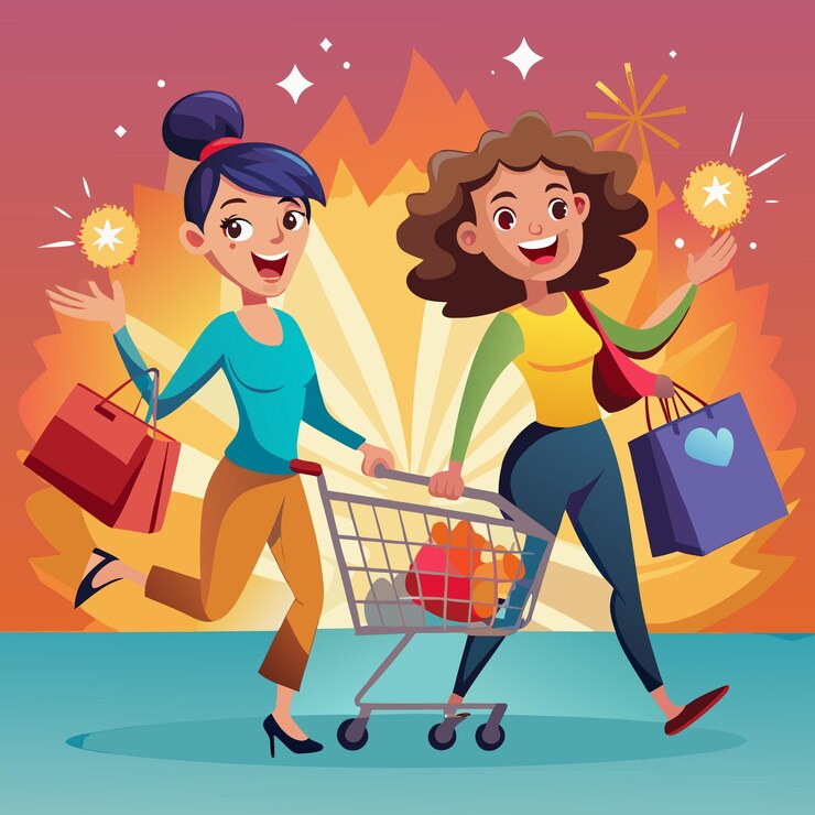 Vector two women smiling while pushing a shopping cart and holding bags